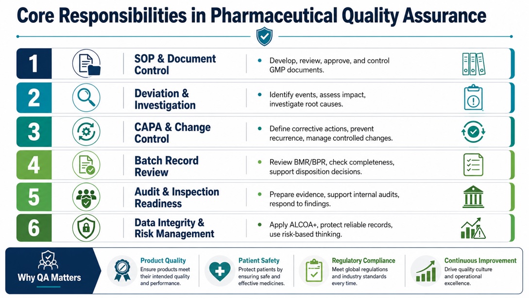 Pharmaceutical QA links documentation, investigations, CAPA, batch review, audits, and risk decisions.