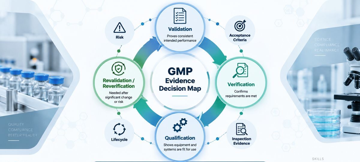 GMP evidence decision map comparing verification, validation, acceptance criteria, and lifecycle control.