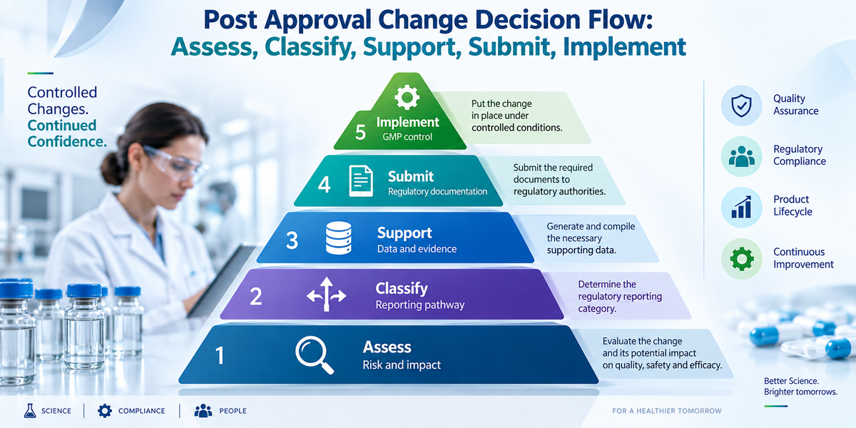 Post approval change decision flow showing how pharma teams assess, classify, support, submit, and implement post approval CMC changes.