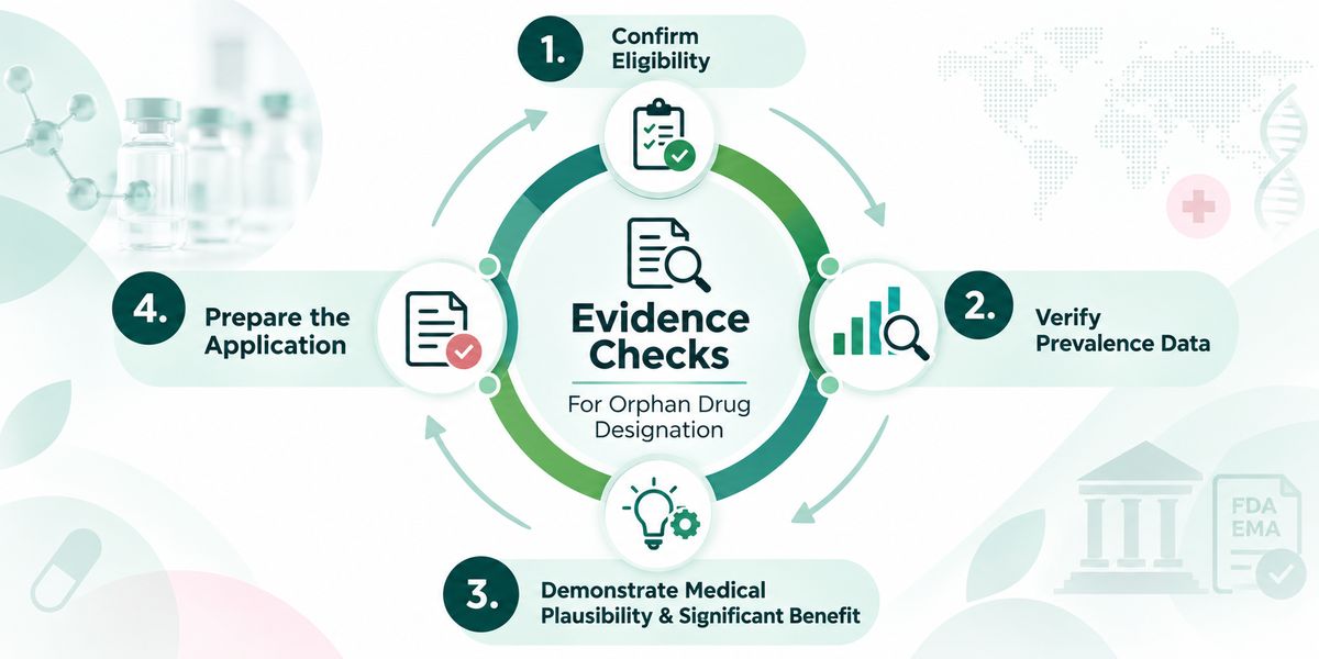 Infographic showing four evidence checks: rare disease prevalence, eligibility criteria, medical plausibility, and regulatory application requirements.